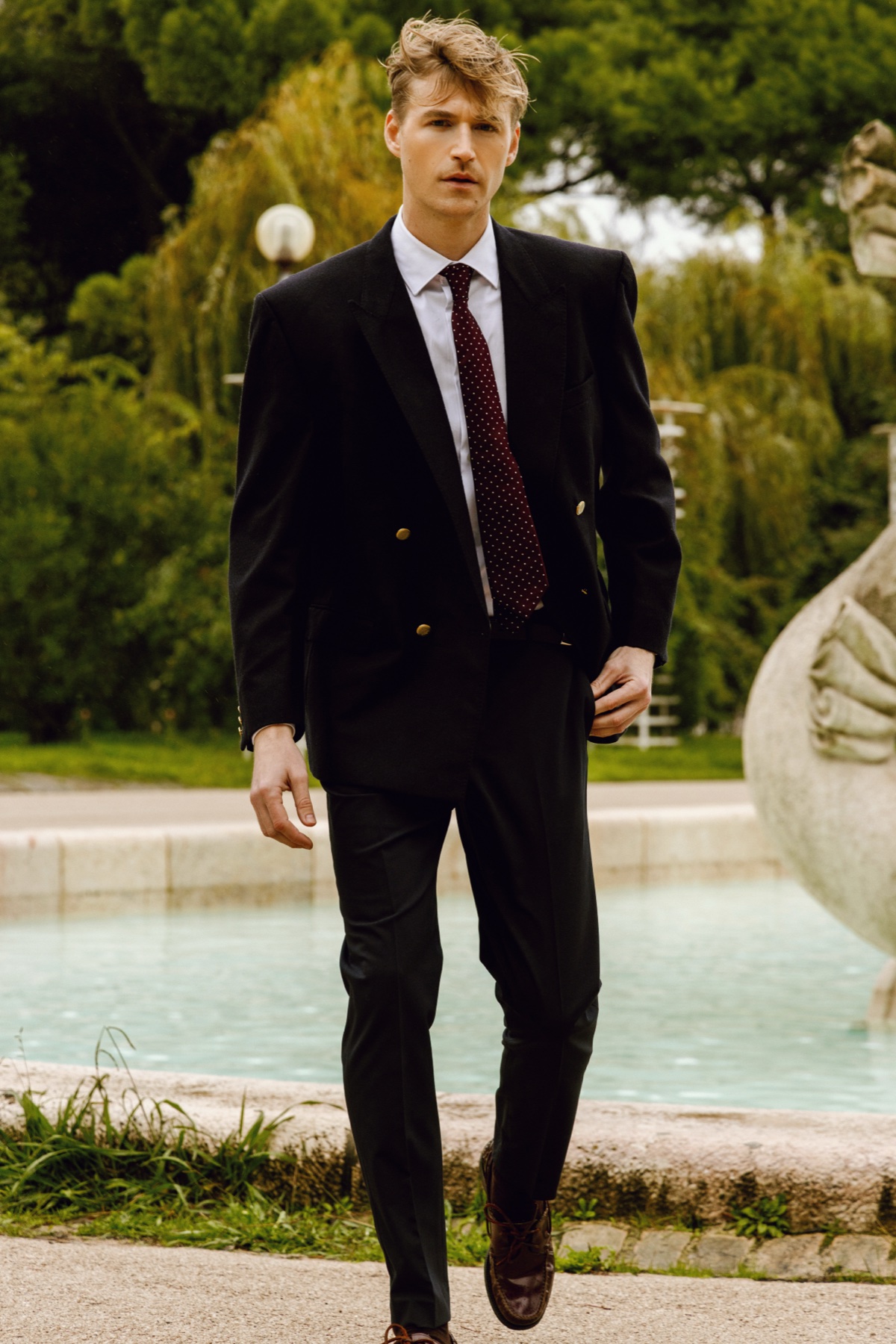 Chad J. Payne editorial — Lisbon 2025, walking suit fountain, photographer David Velez